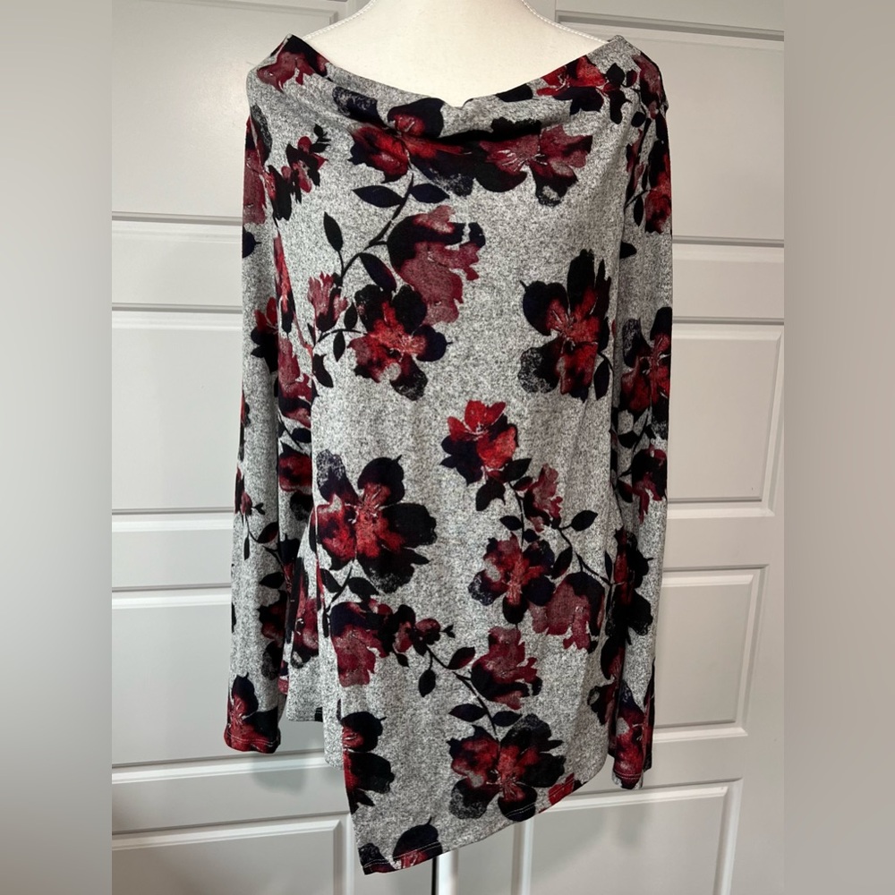 Vera Wang Floral Cowl Neck Tunic Top Long Sleeve Gray Red Black Blouse‎